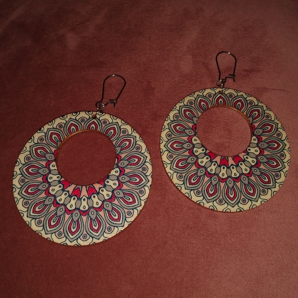Big Pink Red Blue Wood Hoop Earrings Boho Mandala Bohemian Round Retro Dangles - Picture 2 of 6